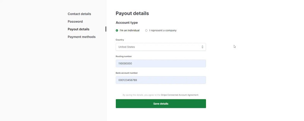 open stripe account step one enter bank info open stripe account step one enter bank info