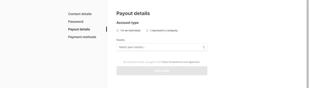 open stripe account step one select country open stripe account step one select country