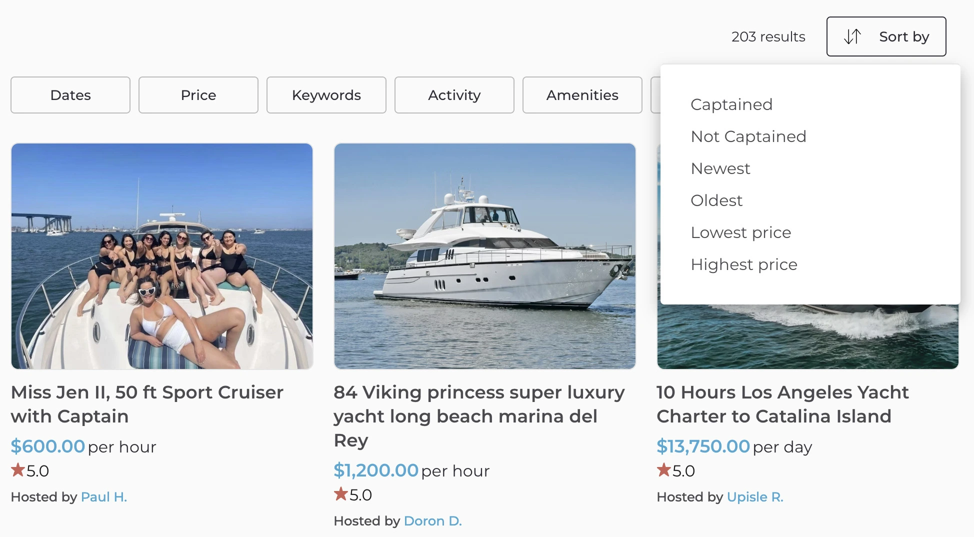 rental marketplace booking with or without a captain