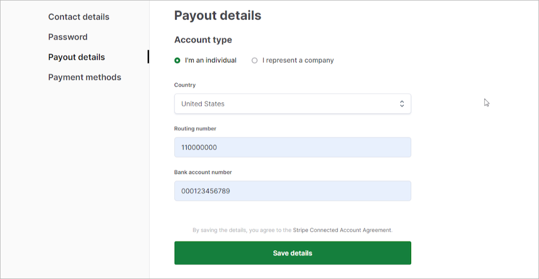 open stripe account step one enter bank info