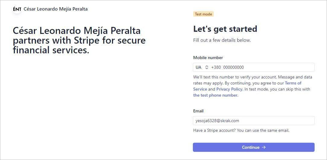 open stripe account creation step two
