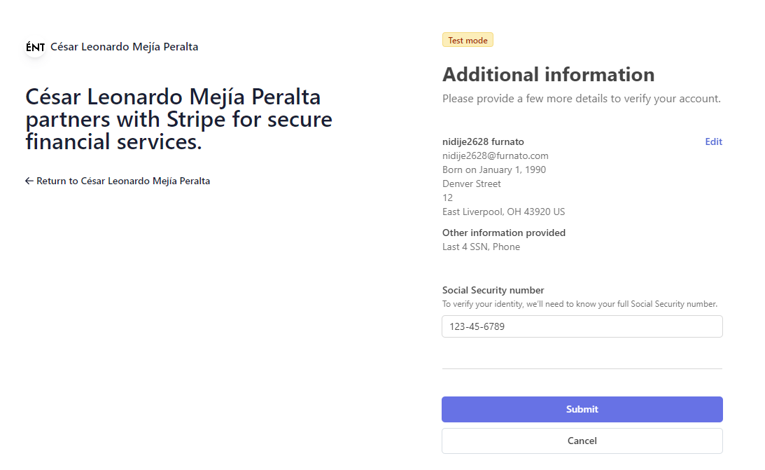 open stripe account step four additional info