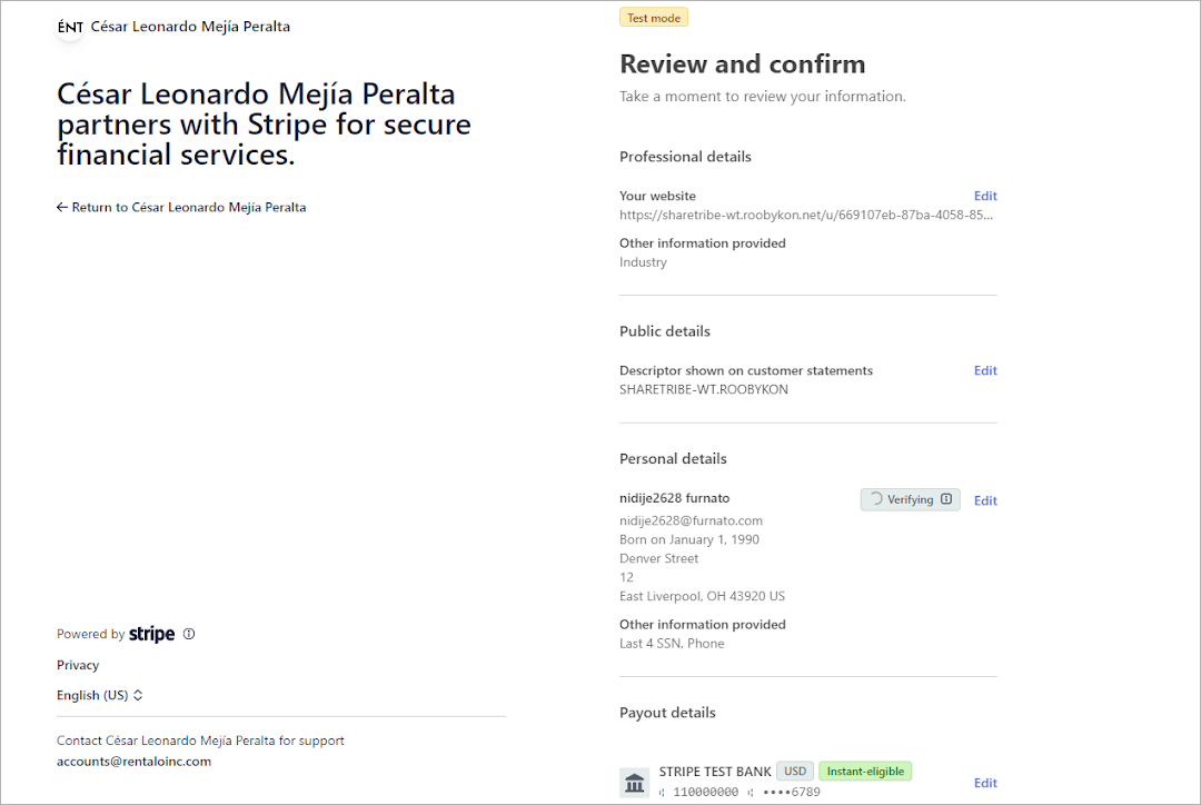 open stripe account step five review and confirm details