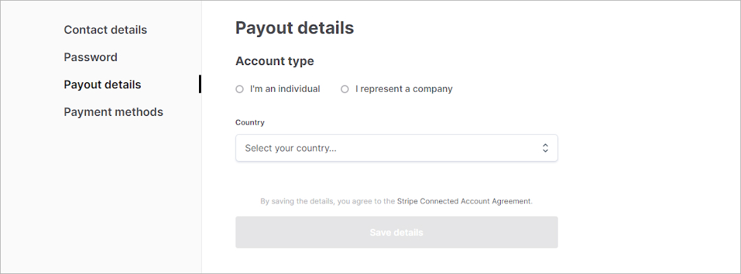 open stripe account step one select country