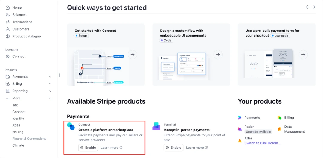step one in creating stripe account in payments menu
