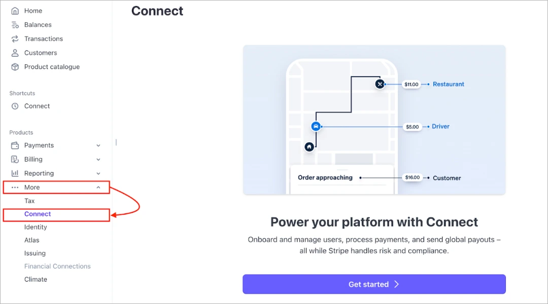 step one in creating stripe account in side menu