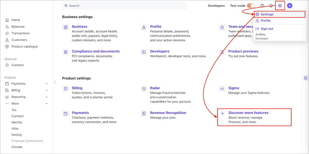 step one in creating stripe account in top bar