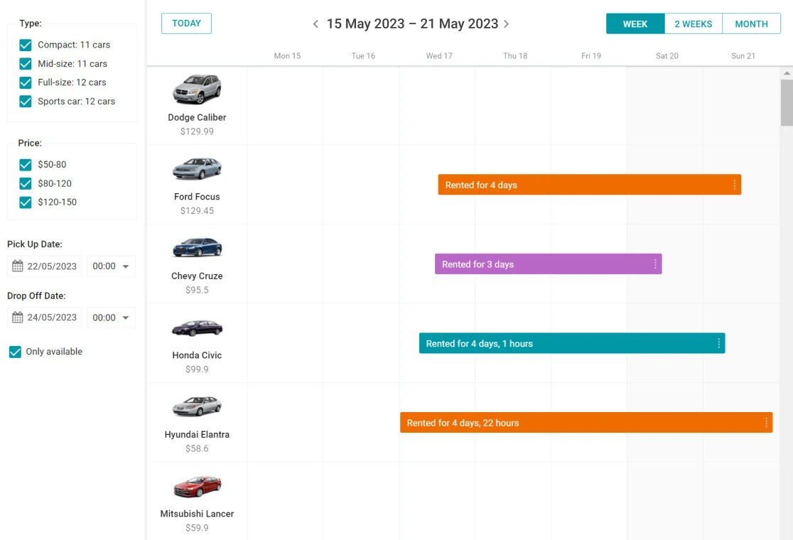 real time vehicle availability in a car rental booking system