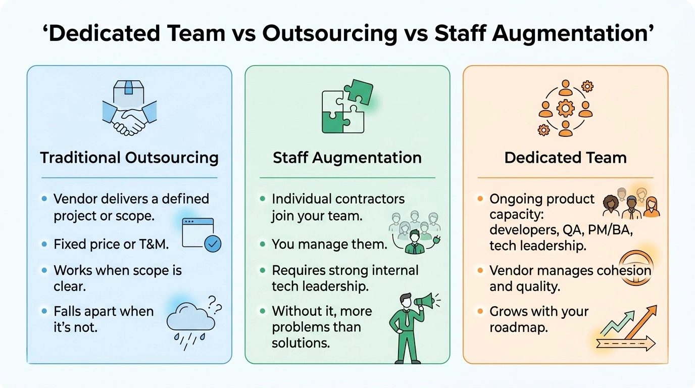 dedicated team vs outsourcing vs staff augmentation