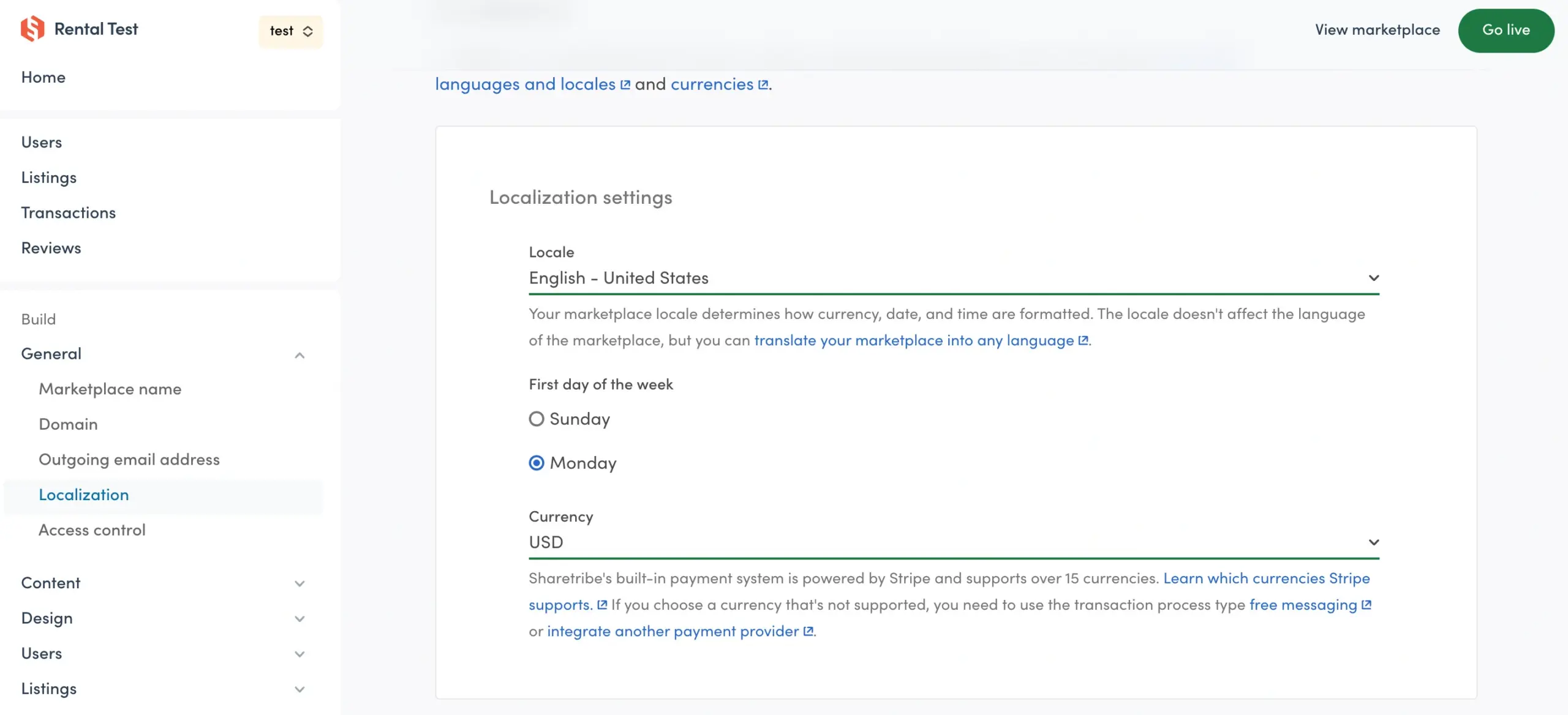 sharetribe localization settings