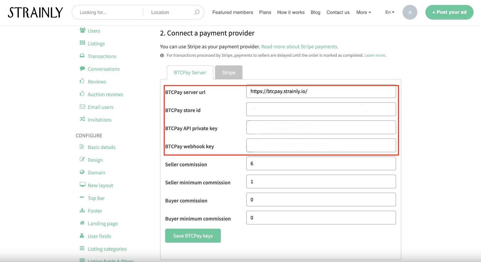 btcpay server configuration in the marketplace admin panel