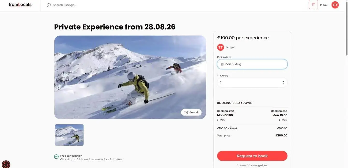 ski experience listing page view