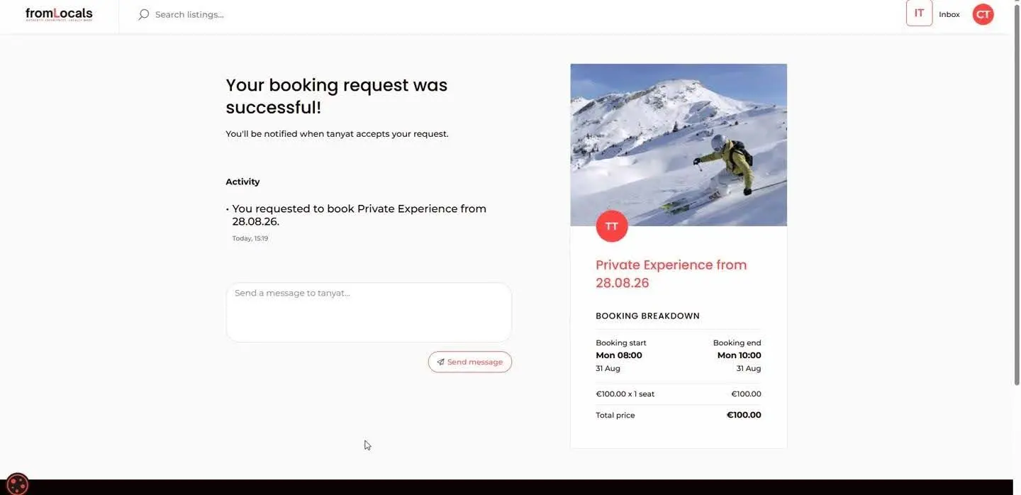customer booking request success screen